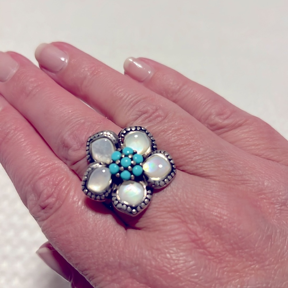 Moonstone & Turquoise Flower Ring 925 CP Thai silver approx size 8
